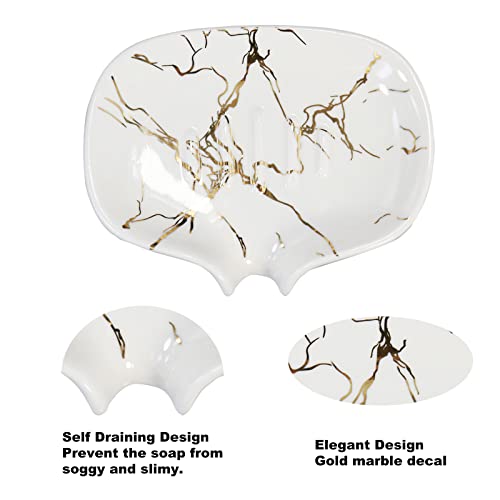 Gold Marble Texture Soap Dish Ceramic Soap Holder Self Draining Soap Dish Waterfall Slot Sponge Holder Bathroom Accessories for Bathroom, Kitchen,Bar Counter. - color: Marble Gold