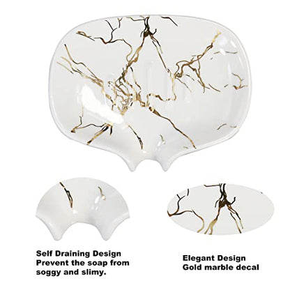 Gold Marble Texture Soap Dish Ceramic Soap Holder Self Draining Soap Dish Waterfall Slot Sponge Holder Bathroom Accessories for Bathroom, Kitchen,Bar Counter. - color: Marble Gold