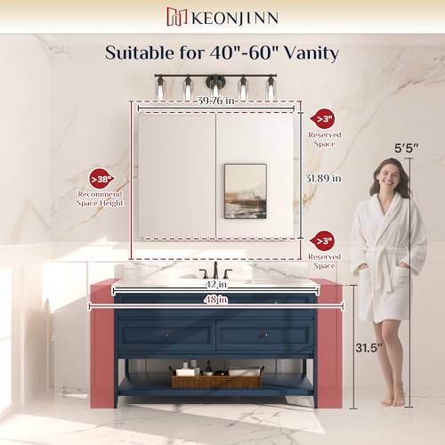 Keonjinn 40 x 32 Inch Large Medicine Cabinet for Bathroom, Silver Lightweight Combined Double Doors Mirrored Cabinet, Assembly Needed, Recessed or Wall Mount, Flexiable Ample Storage, Soft Closing | Assembly Needed, Lightweight Combined Double Doors, Rece