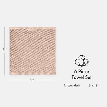 Madison Park 100% Zero Twist Cotton 6 Piece Bathroom Washcloth Set, Beige | 13" x 13" Bath Face Towels, 500 GSM Diagonal Ribbed Wash Cloths, Soft, Quick Dry, Highly Absorbent, Durable, Modern, OEKO TEX - color: Beige, size: 6 Piece Washcloth Towel Set