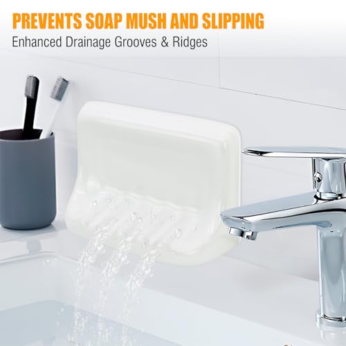 Shower Wall Soap Holder & Ceramic Soap Dish - Fits 4x4 Inch & Any Tile Walls, Heavy-Duty Flat-Back Design with Drainage Slope, No-Slip, Classic White