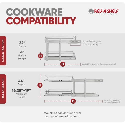 Rev-A-Shelf Pullout Organizer for Cabinets, Min Opening Width of 11.5" | Two-Tier Steel Shelf for Kitchen or Vanity Cabinet Organization, Heavy Gauge Wire Slide Out Storage Basket, 5WB2-1222CR-1 - size: 12" W x 22"D, style: Two Tier