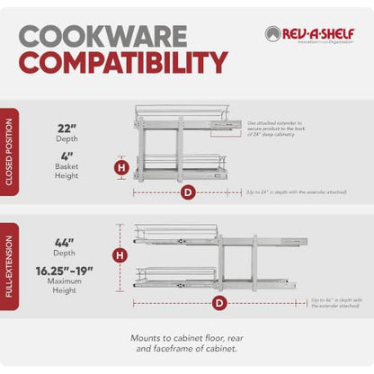 Rev-A-Shelf Pullout Organizer for Cabinets, Min Opening Width of 11.5" | Two-Tier Steel Shelf for Kitchen or Vanity Cabinet Organization, Heavy Gauge Wire Slide Out Storage Basket, 5WB2-1222CR-1 - size: 12" W x 22"D, style: Two Tier