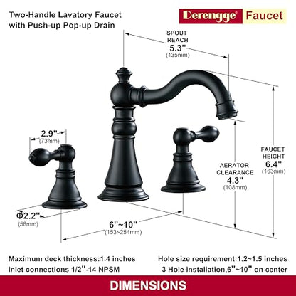 Matte Black 2-Handle 8 Inch Widespread Bathroom Faucet, 3 Holes | Derengge Traditional Widespread Sink Faucet, With Pop-Up Drain 360° Swivel Stainless Steel Spout,F-8805P-MT - color: Matte Black
