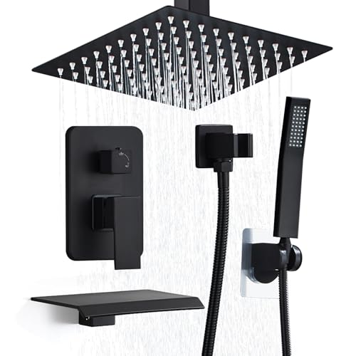 10 Inch Shower Faucet Set, Ceiling Mounted Rainfall Shower System with High Pressure Handheld Shower Head, Bathroom Mixer Shower Set Rough-in Valve and Trim Kit, Matte Black, with Tub Spout - color: Matte Black with Tub Spout, style: 10 Inch