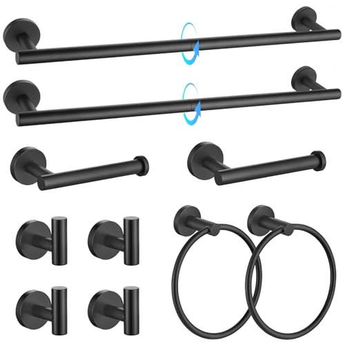 TQKAG Matte Black Bathroom Hardware Accessories Set 10-Pieces, Premium SUS304 Stainless Steel Bathroom Towel Bar Holder Set 23.6 Inch Round Towel Racks for Bathroom Wall Mounted - color: Matte Black, size: 10-Pieces Set