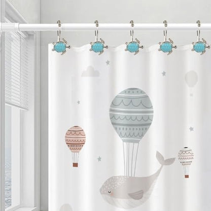 Blue Sea Turtle Decorative Shower Curtain Hooks and Rings Set,12 Pieces,Roller Ball, Stainless Steel,Cute Ocean Animal Decor, Beach Shower Hooks,Rustproof,for Home Living & Bathroom Decor