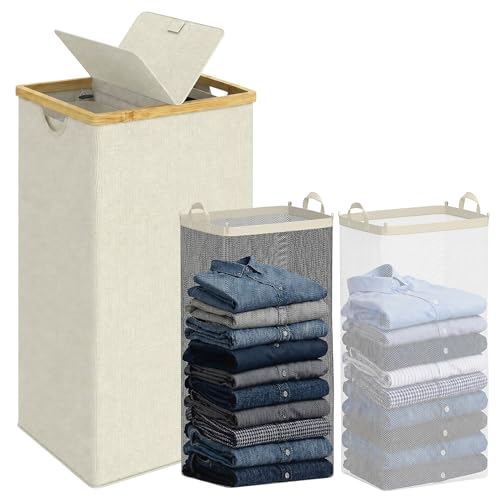 efluky Laundry Hamper with Lid, Double Laundry Basket with 2 Removable Bags, 2 Section Laundry Bin with Bamboo Handles for Bathroom, Bedroom & Laundry Room, 115L (30.4 Gallon) Beige - color: Beige, size: 115L Dual