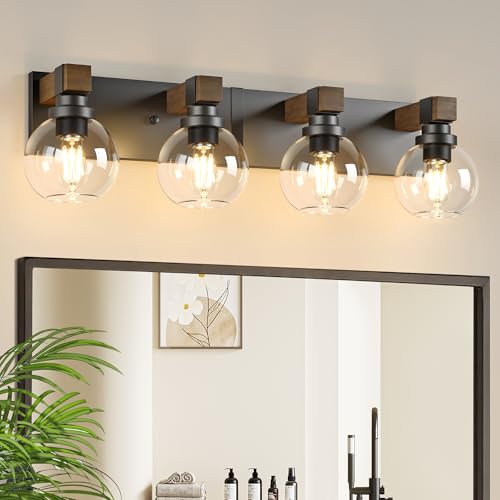 Farmhouse Bathroom Vanity Light Fixtures, 4-Light Wood Bathroom Light Fixtures Over Mirror, Rustic Vanity Lighting with Glass Shade for Living Room, Bedroom, Hallway - color: Black, size: 4 Lights