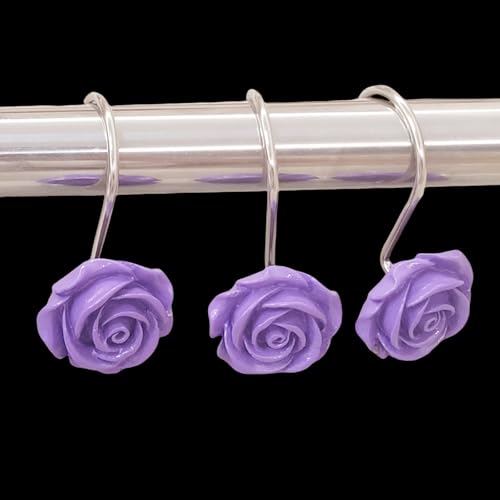 Twofish Home Purple Rose Flower Shower Curtain Hooks Anti Rust Shower Curtain Hooks Decorative Resin Purple Rose Flower Shower Curtain Rings Set of 12 - color: Purple Rose