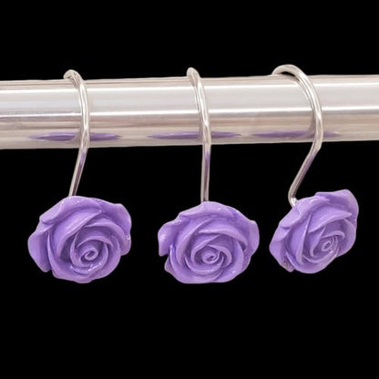 Twofish Home Purple Rose Flower Shower Curtain Hooks Anti Rust Shower Curtain Hooks Decorative Resin Purple Rose Flower Shower Curtain Rings Set of 12 - color: Purple Rose