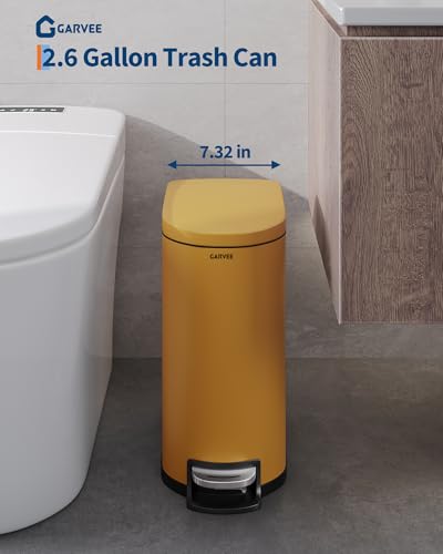 2.6 Gal / 10 L Metal Bathroom Trash Can with Lid, Slim Step-On Garbage Can with Soft Close Lid, Stainless Steel Waterproof Trash Bin for Bedroom with Inner Bucket, Rear Handle, Yellow - color: Yellow