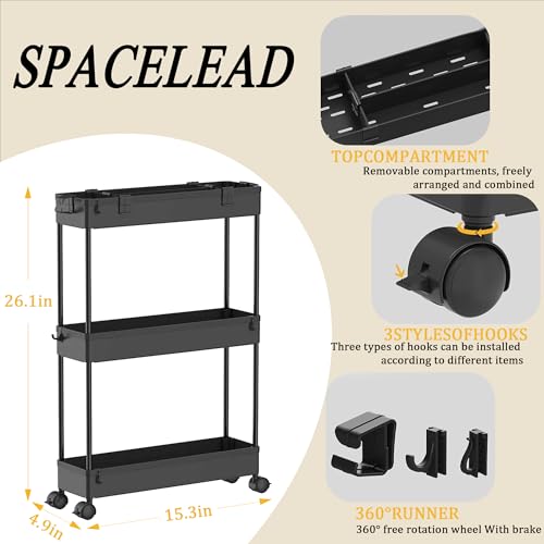 Slim Storage Cart 3 Tier,Bathroom Organizer Rolling Utility,Mobile Shelving Unit Slide Out for Office, Kitchen, Laundry Room & Narrow Places,Black - color: Black