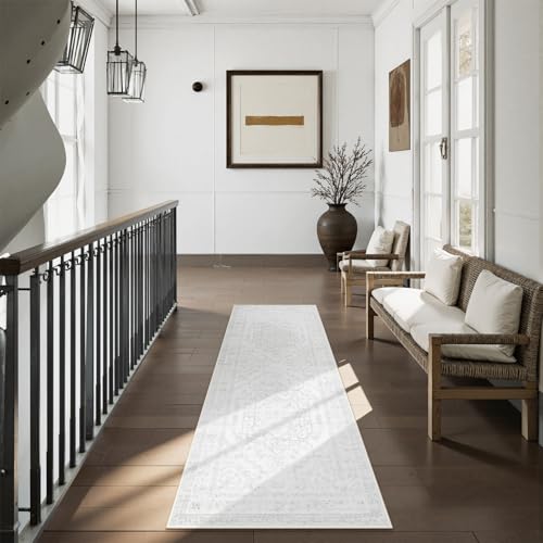 Uphome Boho Kitchen Runner Rug, 2x6 Washable Hallway Runner Rugs Non Slip, Soft Modern Entryway Carpet Runners Low Pile, Non Shedding Rug Runner for Laundry Bedroom Bathroom, Ash White - color: Ash White, size: 2'x6'