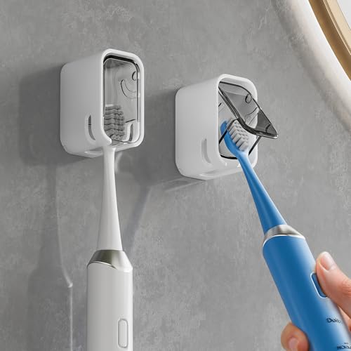 MOPMS Single Slot Toothbrush Holders Wall Mounted with Cover for Bathrooms | 2PCS Toothbrush Cover for Shower, Single Toothbrush Dispenser Storage Organizer for Family & Travel - color: Grey-2pcs