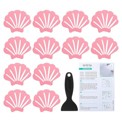 PATIKIL Bathtub Non Slip Stickers 3.54x2.76 Inch, 12 Pack Shell Safety Shower Floor Anti Slip Stickers with Adhesive Decals Scraper for Bath Tub Shower Floor Stair, Pink - color: Pink