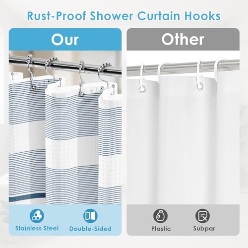 3 in 1 Shower Curtain and Liner,72 x 72 inch, Blue Geometric | Striped Modern Shower Curtain and PEVA Liner Set with 12 Rust-Resistant Metal Hooks, Waterproof Fabric Curtains for Bathroom - color: Blue