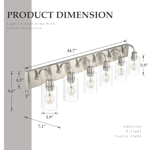 Emliviar Large Bathroom Wall Light, 6-Light Industrial Bathroom Lighting Fixtures Over Mirror, Brushed Nickel Finish with Clear Glass, YCE237B-6W BN - color: Brushed Nickel - Clear Glass, size: 6-Light