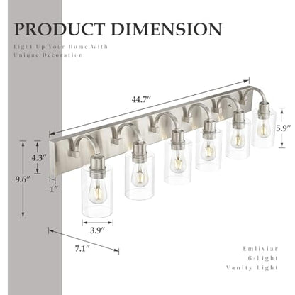 Emliviar Large Bathroom Wall Light, 6-Light Industrial Bathroom Lighting Fixtures Over Mirror, Brushed Nickel Finish with Clear Glass, YCE237B-6W BN - color: Brushed Nickel - Clear Glass, size: 6-Light