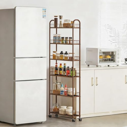 6in 6-Tier Slim Storage Cart with Wheels, Metal Narrow Rolling Shelf, Sturdy Slim Storage with Hooks Ideal for Kitchen, Bathroom, and Laundry Room (Champagne Gold) - size: 6in Champagne Gold