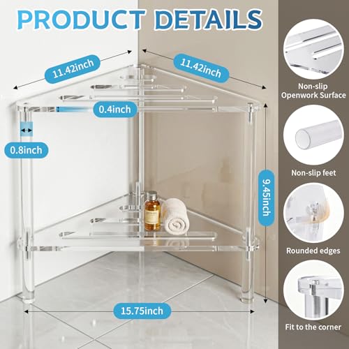 Acrylic Corner Shower Stool for Shaving Legs - Clear Triangle Shower Stool with 2-Tier Storage Shelf - Modern Bathroom Step Stool - Includes 1 Bath Sponge & 2 Shower Loofahs for Exfoliation