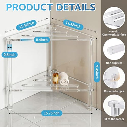 Acrylic Corner Shower Stool for Shaving Legs - Clear Triangle Shower Stool with 2-Tier Storage Shelf - Modern Bathroom Step Stool - Includes 1 Bath Sponge & 2 Shower Loofahs for Exfoliation