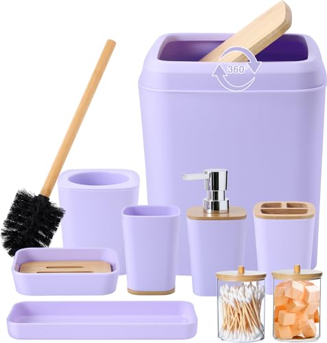 Purple Bathroom Accessories Set, 9 Piece Purple Bathroom Accessory Set with Trash Can,Toothbrush Holder,Toothbrush Cup,Lotion Soap Dispenser,Vanity Tray,Soap Dish,Toilet Brush,Qtip Holder - size: Bath Set, style: Light Purple