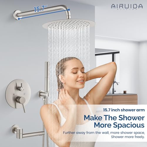 Airuida 3-Function Shower System with Tub Spout – Round Rainfall Shower Faucet Combo,Handheld Spray with 2 Functions,Includes Rough-In Valve with 360° Rotating Drain,10 Inch Shower Head,Brushed Nickel - color: Brushed Nickel, size: 10 Inch