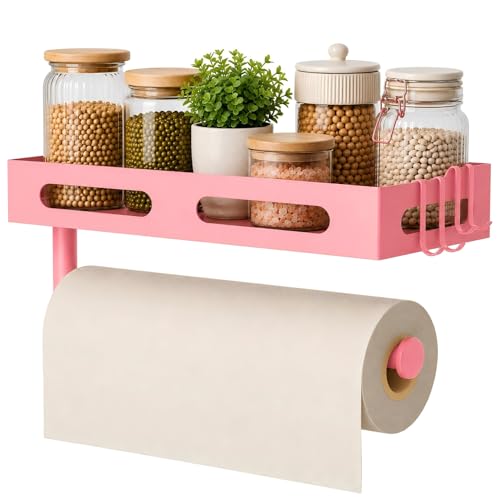 Pink Paper Towel Holder Wall Mount with Shelf, Easy One Hand Tear, Adhesive Glue or Drill Mount Hanging Paper Towel Holder with Shelf for Kitchen/Bathroom/RV, Metal, 4 Hooks - color: Pink