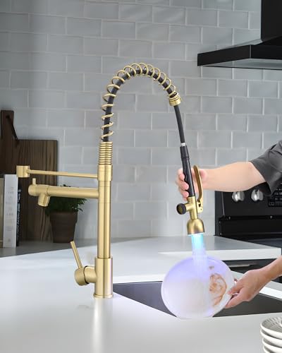 Fapully High Arc Brushed Gold Pull-Down Kitchen Faucet with LED Sprayer | Kitchen Sink Faucets with Pull Down Sprayer,Dual Spray Modes, Commercial Grade,Single Handle Single Hole Design - color: Brushed Gold, style: Modern