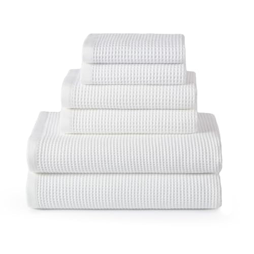 ecolook 6-Piece Waffle Weave Towel Set, 100% Cotton, Lightweight, Absorbent & Quick-Drying, 2 Bath Towels (31×63 in), 2 Hand Towels, 2 Washcloths, Lint-Free for Bathroom, Pool, Gym, Travel - White - color: White