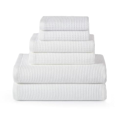 ecolook 6-Piece Waffle Weave Towel Set, 100% Cotton, Lightweight, Absorbent & Quick-Drying, 2 Bath Towels (31×63 in), 2 Hand Towels, 2 Washcloths, Lint-Free for Bathroom, Pool, Gym, Travel - White - color: White