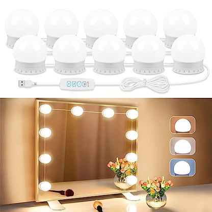 LED Vanity Lights For Mirror, Vanity Lights Stick on with 10 Dimmable Bulbs | 3000K 4000K 6500K & 10 Level Brightness Adjustable, USB Cable, Hollywood Mirror Lights for Makeup Dressing Room Bathroom - size: 10 Lights (White)