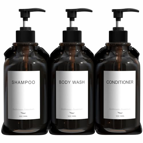 Modern Shampoo and Conditioner Dispenser Wall Mount Set of 3 - No Drill 16oz Bathroom Shower Soap Dispenser Wall Mounted with 6 Labels, Easy to Refill Shower Shampoo Dispenser 3 Chamber - Amber - color: Amber