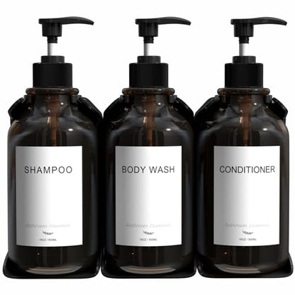 Modern Shampoo and Conditioner Dispenser Wall Mount Set of 3 - No Drill 16oz Bathroom Shower Soap Dispenser Wall Mounted with 6 Labels, Easy to Refill Shower Shampoo Dispenser 3 Chamber - Amber - color: Amber