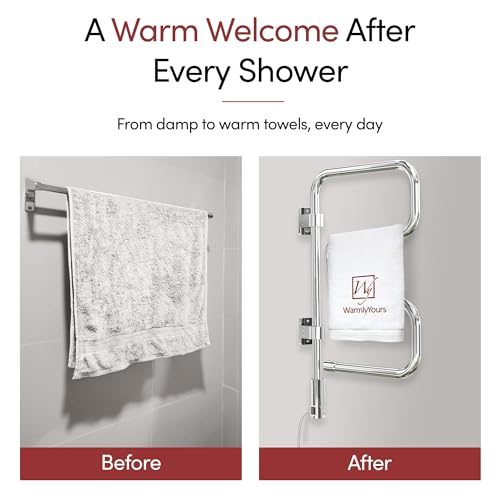WarmlyYours Elements Heated Towel Rack, 4 Bars, Swivel | Wall-mounted swivel electric towel warmer, polished chrome, plug-in drying rack for bathroom, gentle even warmth