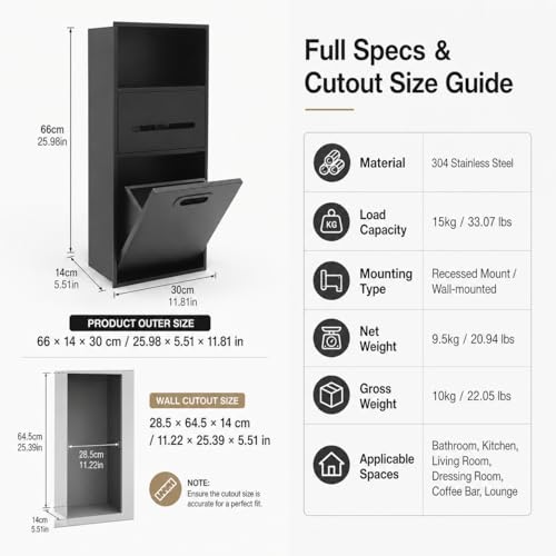 Recessed Trash Can and Storage Niche Combo, Stainless Steel in-Wall Mounted Cabinet with Toilet Paper Holder – 2-in-1 Hidden Tilt-Out Bin for Bathroom, Bedroom, or Kitchen