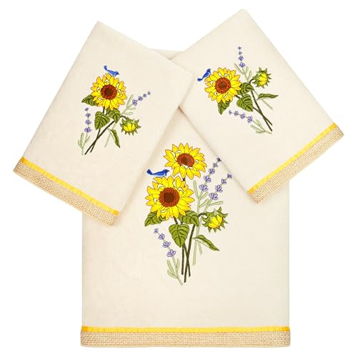 Jubilant 3-Piece Towel Set, Embroidered Sunflower & Lavender, 100% Turkish Cotton, Super Absorbent, Country Charm Decor, 1 Bath 2 Hand Towels, Beige - color: Beige, size: 1 Pc Bath 2 Pcs Hand Towel