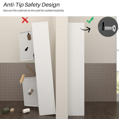 67" Metal Bathroom Storage Cabinet, White | Tall Narrow Design, 2 Doors & 6 Shelves, Slim Skinny Cabinet, Multi-Room Use - color: White