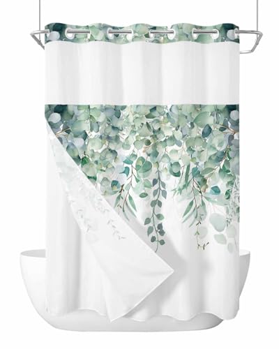 No Hook Shower Curtain and Snap in Liner Set, Green Eucalyptus Fabric Bathroom Stall Shower Curtains 48x72, See Through Mesh Top Window, Spring Summer Botanical Floral Leaves Country Hotel Style - color: Green, size: 48"W x 72"L (Pack of 1)