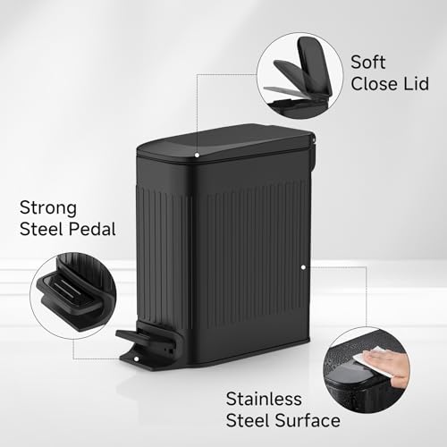 TIPGO Slim Bathroom Trash Can with Lid Soft Close, Step Pedal, 6 Liter / 1.6 Gallon Stainless Steel Trash Bin, Small Garbage Cans for Bedroom, Office, Kitchen (Black) - color: Black