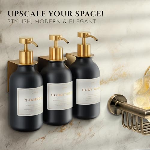 Shower Shampoo Dispenser Wall Mounted – 3 Refillable 16.9 oz Black Bottles with Stainless Steel Pumps & No-Drill Adhesive Holders – Soap Dispenser Set for Bathroom (3 X Black/Gold) - color: 3 X Black/Gold
