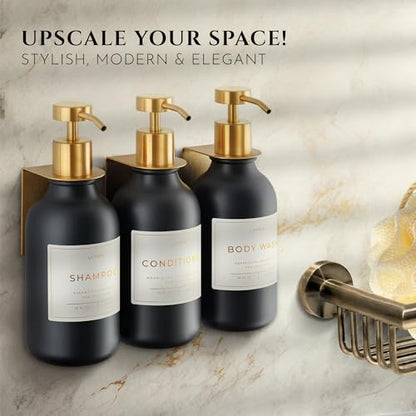 Shower Shampoo Dispenser Wall Mounted – 3 Refillable 16.9 oz Black Bottles with Stainless Steel Pumps & No-Drill Adhesive Holders – Soap Dispenser Set for Bathroom (3 X Black/Gold) - color: 3 X Black/Gold