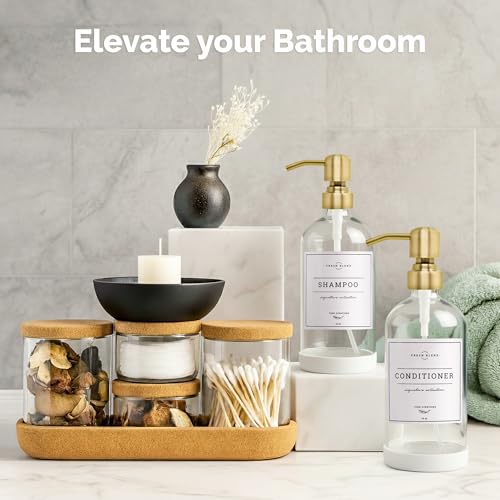 Vine Creations Clear Glass Soap Dispenser, 2 Pack Kitchen Soap Dispenser Set with Stainless Steel Pump, 16 oz Dish Soap and Hand Soap Dispensers for Bathroom with Waterproof Labels - color: Clear Bottle / Brushed Gold Pump
