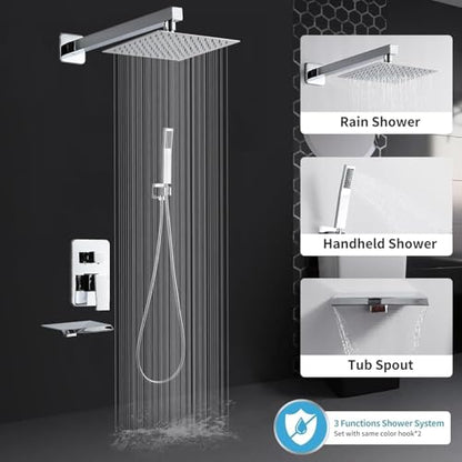 Chrome Shower Faucet Set with Tub Spout 8 Inch Rain Shower | Shower Head and Handle Set, Tub and Shower Faucet Combo Handheld Shower System Square Wall Mount for Bathroom - color: Chrome, style: 8 Inch
