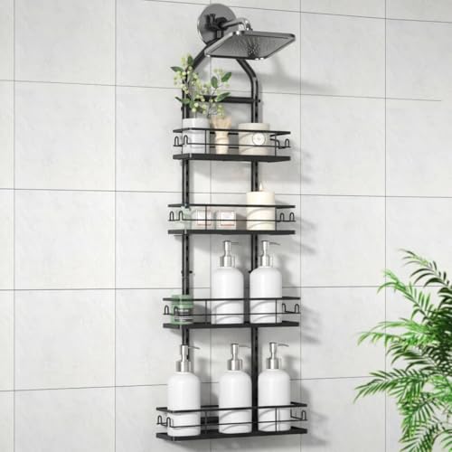 4 Tier Shower Caddy Hanging, Adjustable Shower Overhead Caddy Rustproof, No Drilling Standing Shower Caddy Handing Shower Racks for Bathroom Shampoo Soap Storage