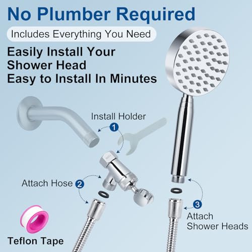 All Metal Shower Head with Handheld; Flexible Long Hose High Pressure Spray | 1 Setting Stainless Steel Shower-Head, Solid Hand Held Showerhead Sprayer Holder with Wide-Angle Adjustment, Premium Chrome - color: Premium Chrome