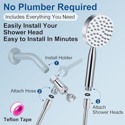 All Metal Shower Head with Handheld; Flexible Long Hose High Pressure Spray | 1 Setting Stainless Steel Shower-Head, Solid Hand Held Showerhead Sprayer Holder with Wide-Angle Adjustment, Premium Chrome - color: Premium Chrome