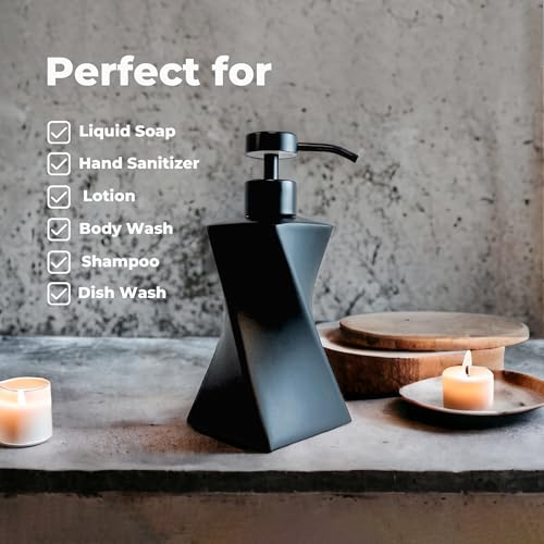Modern Black Soap Dispenser with Black Stainless Steel Pump, 8.5oz | Modern Mid Century Decor, Matte Black Pump, Unique Twisted Liquid Soap Dispenser for Bathroom & Kitchen