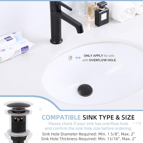 Angle Simple Bathroom Sink Stopper Oil-Rubbed Bronze, Pop Up Sink Drain | Only for Sink with Overflow Hole, Brass Stopper with Stainless Steel Tailpiece, Fit 1.61 to 2 Inches Diameter of Drain Hole - color: Oil-rubbed Bronze